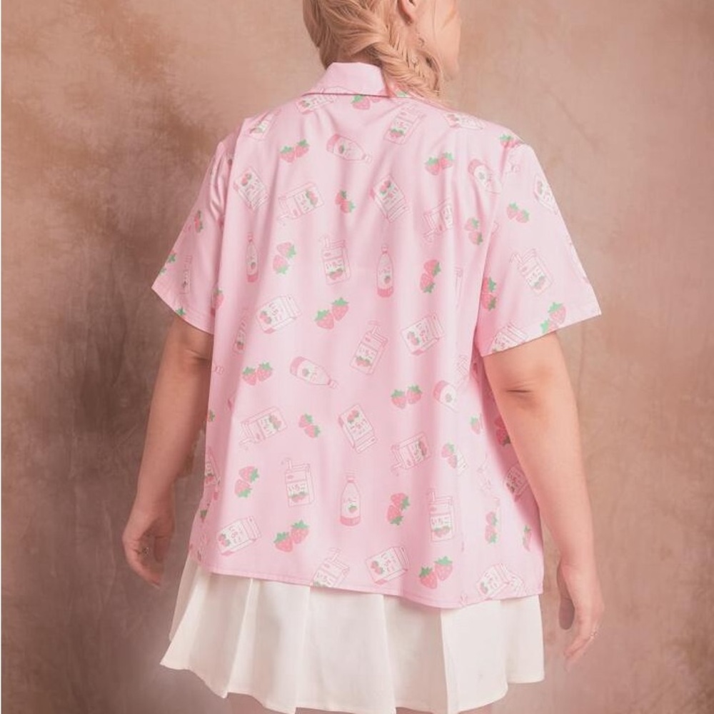 ROMWE Kawaii Strawberry Milk Graphic Button Down Shirt - Picture 2 of 8